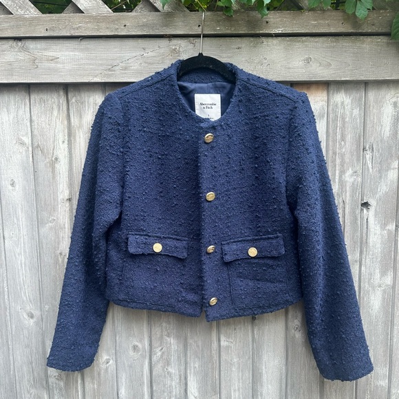 Abercrombie & Fitch Jackets & Blazers - Abercrombie & Fitch Navy Bouclé Crop Jacket with Gold Buttons